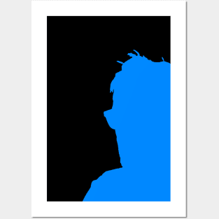 Half a guy facing left silhouetted blue. Posters and Art